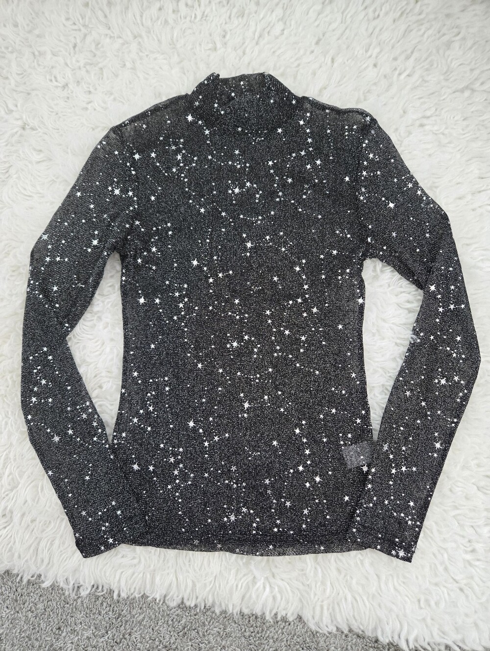 MangoPop Whimsigoth Celestial Star Print Mesh Long Sleeve Top. Black. Size Small